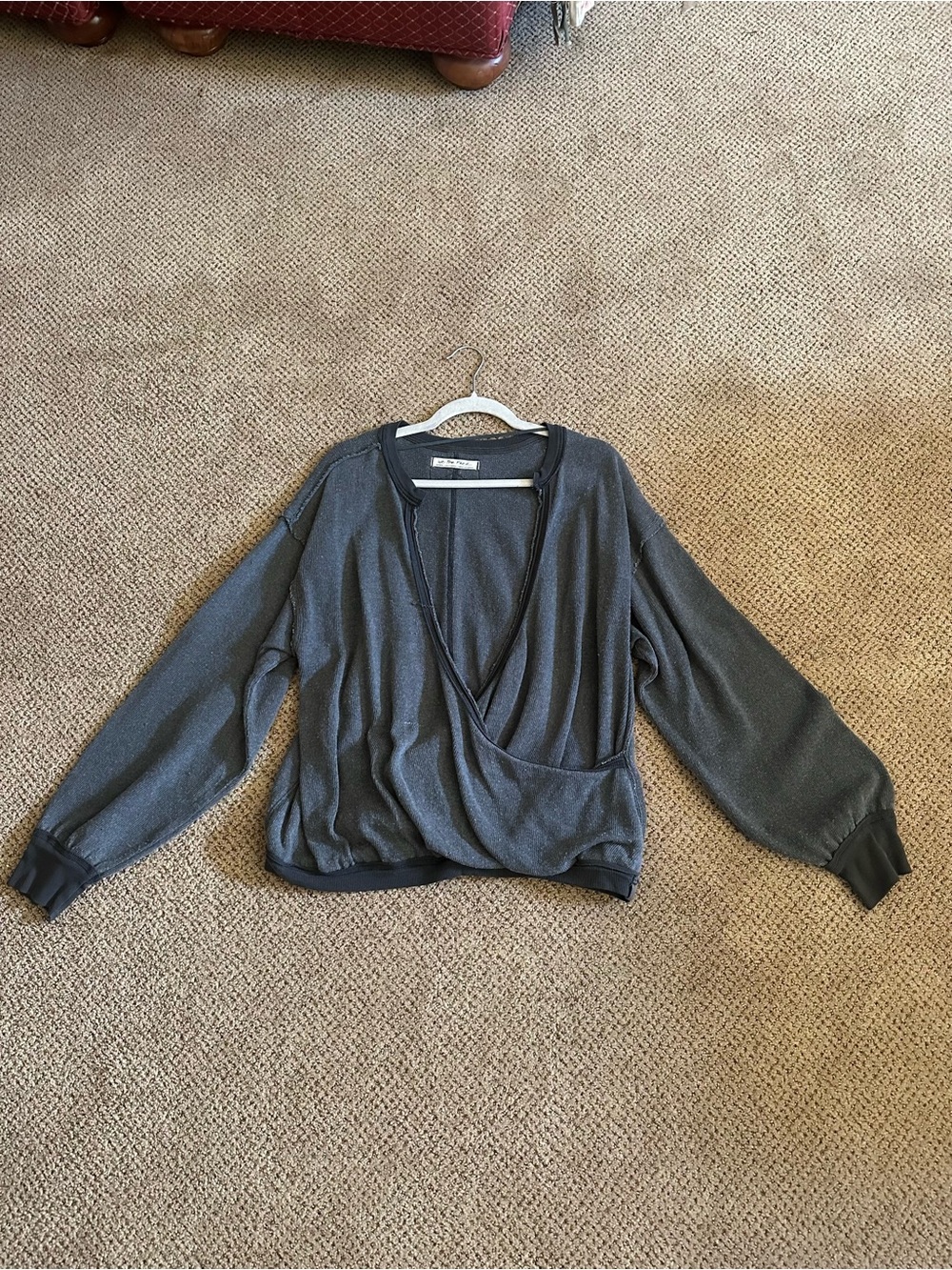 Free People Woven Wrap-Front Long Sleeve Sweater Sweatshirt Inside-Out - Grey